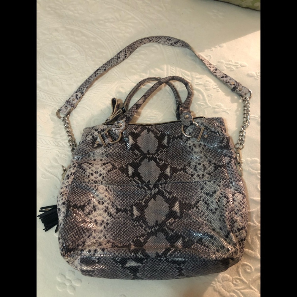 Cynthia Rowley python snake leather purse black grey handbag large crossbody